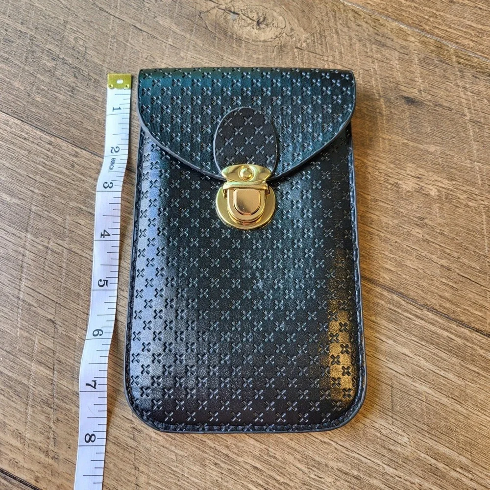 Black Embossed Cross Faux Leather Phone Pouch Glasses Case Gold Tuck Lock Slim